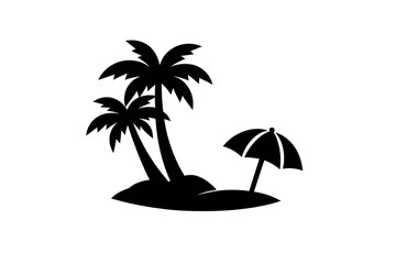 Obraz premium Tropical island silhouette with palm trees and beach umbrella, depicting summer vacation, travel, and relaxation on transparent background