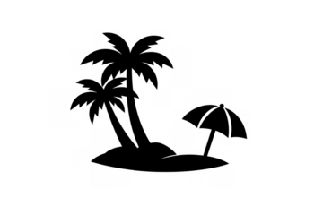 Tropical island silhouette with palm trees and beach umbrella, depicting summer vacation, travel, and relaxation on transparent background