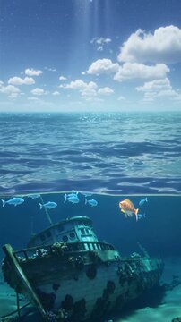 Tropical fish swimming near sunken wooden ship on sandy ocean floor. Split level view showing underwater scene and blue sky with clouds. Tilting up camera movement.