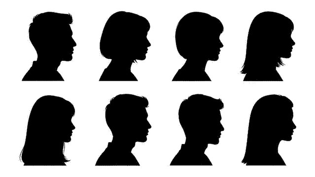 Eight black silhouette profiles of people looking to the right