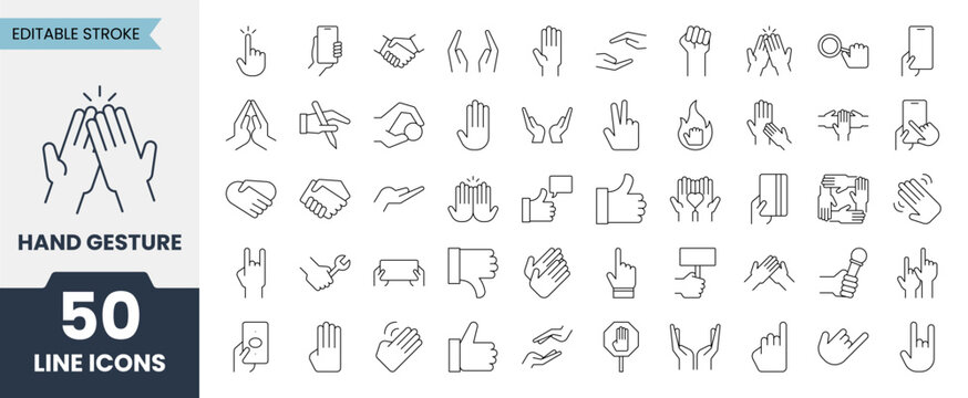 Hand gestures line icons set with editable stroke. Vector illustration