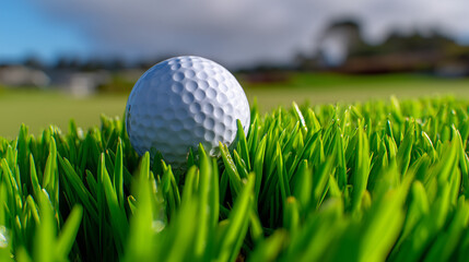 Single White Golf Ball on Vibrant Green Fairway at Dawn with Long Shadow and Minimalist Flagstick