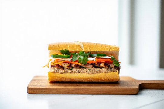 A fresh banh mi sandwich filled with grilled chicken, pickled vegetables, and herbs on a wooden cutting board. Perfect for food lovers and culinary enthusiasts.