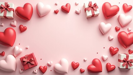 a frame of hearts and gift boxes