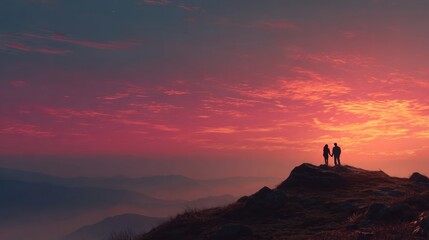 couple holding hands while watching sunset on a mountain peak, Valentine's Day love scene, 8k, realistic, full ultra HD, high resolution, cinematic photography