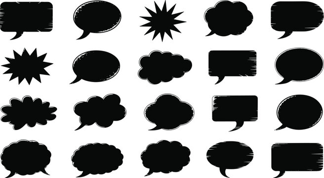 Cartoon speech and thought bubble icon set with distressed textures, jagged edges, cloud shapes, and vintage comic style.