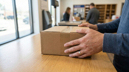 Close-up of hands placing cardboard parcel box on counter at post office shipping center
