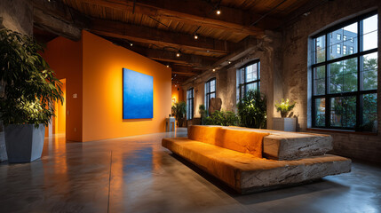Industrial Loft Conversion with Burnt Orange Partition Wall and Oversized Blue Artwork, Exposed Beams and Evening Light