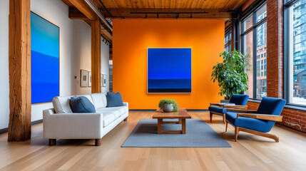 Industrial Loft Conversion with Burnt Orange Partition Wall and Oversized Blue Artwork, Exposed Beams and Evening Light