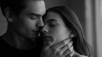 A couple shares a tender moment, their foreheads touching in a close embrace. The soft lighting enhances the emotional connection between them.