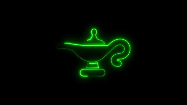 Green Neon Outline of a Genie Lamp on a Black Background magic lamp aladdin