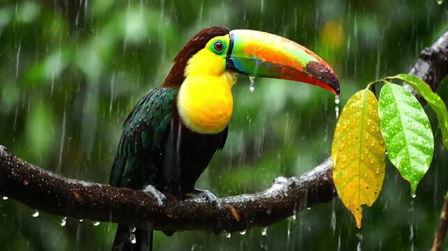 A vibrantly colored tropical bird, featuring a distinctive, multi-hued beak and bright yellow chest feathers, perches gracefully on a wet tree branch amidst a refreshing downpour. Heavy raindrops casc