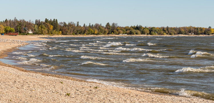 Waves on Lake Winnipeg at Gimli, Manitoba, Canada on a sunny fall day