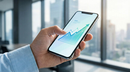 Businessman Hand Checking Rising Financial Area Chart on Smartphone App