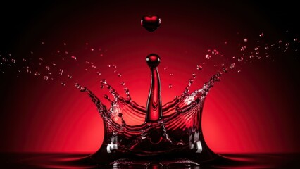 Vibrant red liquid crown splash captured by high-speed photography, showing dynamic droplet impact and elegant fluid motion on a dark red gradient.