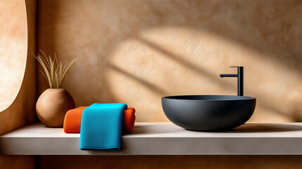 Japanese Wabi-Sabi Bathroom with Textured Terracotta Walls, Black Stone Basin, and Skylight Geometric Patterns