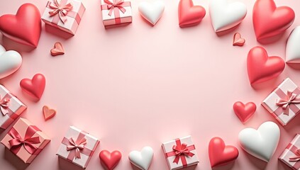 a frame of hearts and gift boxes
