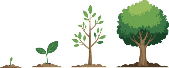 Obraz premium Cartoon tree growth stages icon set with sprout, leafy seedling, young tree, and mature canopy rooted in soil.