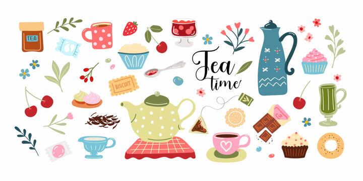 tea time, big set of elements, food, kitchen, tea party, decoration, spring, stickers, naive  style, creative vector illustration