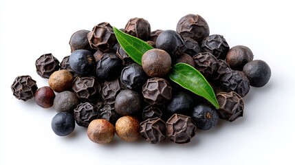 Obraz premium Scattered black peppercorns and green leaves, top view, isolated on a white background, showcasing various sizes and textures, ideal for culinary and food photography applications with copy space
