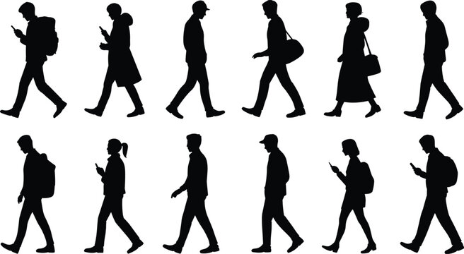 Cartoon walking silhouette icon set with urban pedestrians carrying bags, phones, and accessories in mid-stride.