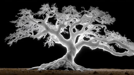 Artistic X-Ray Photography of Gnarled Tree Root System Glowing White on Black, Symbolic Minimalist Design
