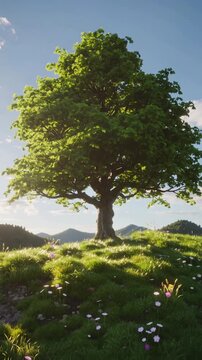 Oak tree growing from acorn to full maturity on grassy hilltop. Time-lapse of plant development in mountain landscape. Backward camera movement.