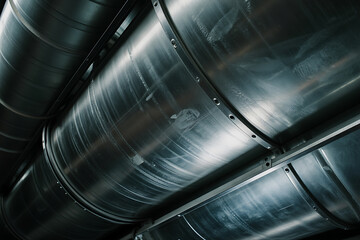 Large metal pipes and industrial ductwork, abstract architectural background, smooth polished surfaces