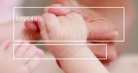 Holding infant fist, adult hand cradling fingers at nursery, with HUD overlay 689648 waveform ticks © vectorfusionart