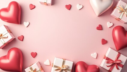 a frame of hearts and gift boxes