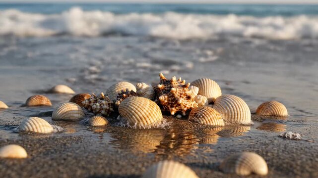 Seashell Serenity: A collection of delicate seashells rests on a sandy shore, as gentle waves caress the beach, creating a serene and picturesque coastal scene. 