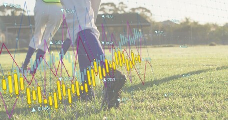 Running women moving across grass pitch, with shorts, long sports socks, cleats and data overlays