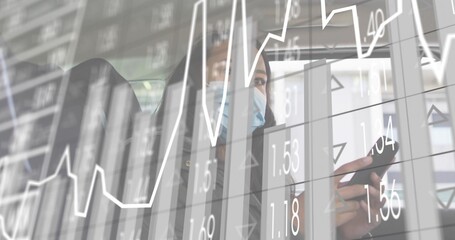 Holding phone, woman with surgical mask, jacket viewing stock charts in vehicle, with data overlay