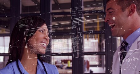Talking nurse in scrubs, stethoscope and doctor in lab coat, shirt and tie discussing HUD overlays