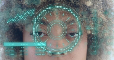 Scanning female face in studio closeup, overlaying cyan HUD eye-centered reticle, ticks, hex codes