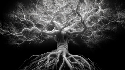 Artistic X-Ray Photography of Gnarled Tree Root System Glowing White on Black, Symbolic Minimalist Design