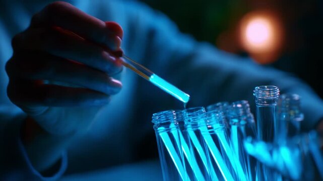 A person meticulously conducts a scientific experiment involving brightly illuminated test tubes and a pipette, showcasing precision and attentiveness in a vibrant laboratory setting.
