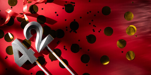 Concept of celebrating birthday and anniversary. Number 42 forty-two silver celebration birthday...