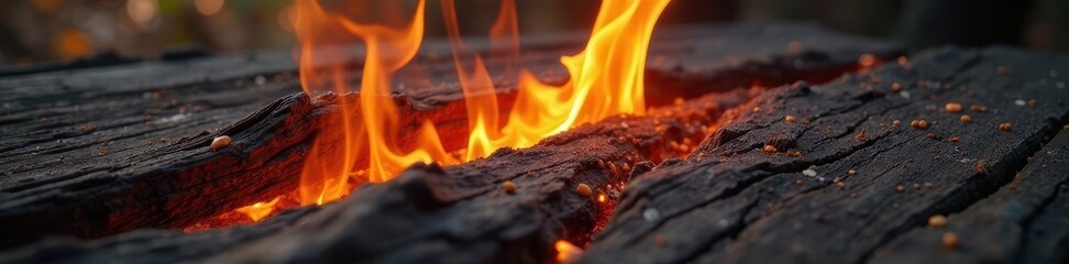 Fiery blaze consumes aged black wood, close-up detail , surface, texture, rough