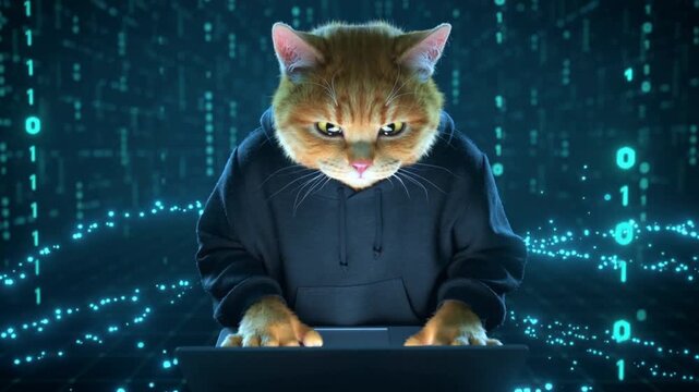 Tabby cat hacker wearing black hoodie typing on laptop. Digital matrix background with glowing binary code. Static medium shot.