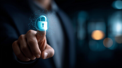 Cybersecurity threat detection interface with digital padlock symbol warning alert signs data protection concept network security cyber defense system malware prevention