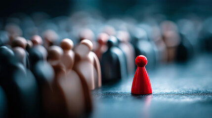 Red figurine standing out in crowd of people stranger detection eye catching individual pandemic threat concept social distance visualization intruder identification with