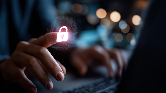 Cybersecurity threat detection interface with digital padlock symbol warning alert signs data protection concept network security cyber defense system malware prevention - Powered by Adobe