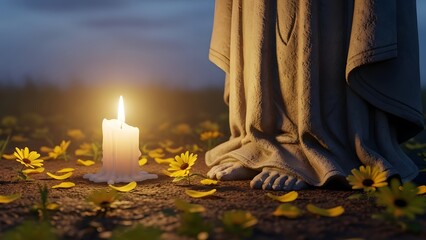 St brigid's day celebration with statue and candle on a winter's night