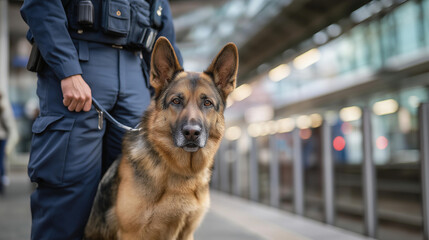 Explosive detection dog with handler in transit station working canine bomb sniffing animal security screening public safety trained detection animal with copy space