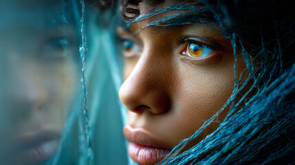 Conceptual Portrait of Person with Chronic Pain, Wrapped in Translucent Filaments, Gazing Out Window with Resilient Expression