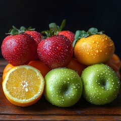 Frisches Obst mit Wassertropfen auf Holzuntergrund

