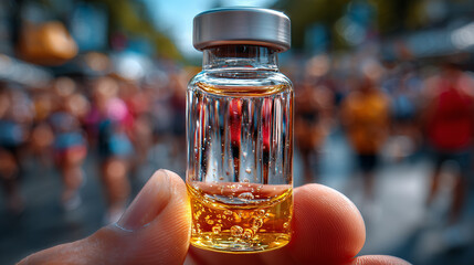 Close-Up of Vaccination Vial Held in Hand with Light Reflection of Diverse Crowd in Glass, Symbolizing Global Health