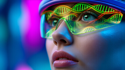 Futuristic Researcher Analyzing Holographic DNA Strand in High-Tech Lab with Cinematic Sci-Fi Lighting