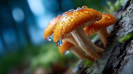 Macro Shot of Vibrant Medicinal Fungi Growing on Bark with Dew Droplets and Morning Forest Light